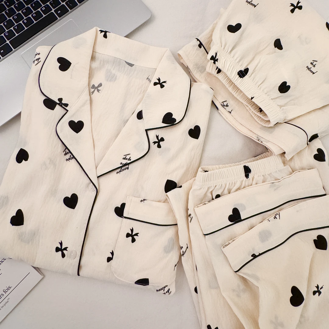 【心动信号】短袖三件套可爱卡通爱心透气云朵绵舒适睡衣女夏家居服