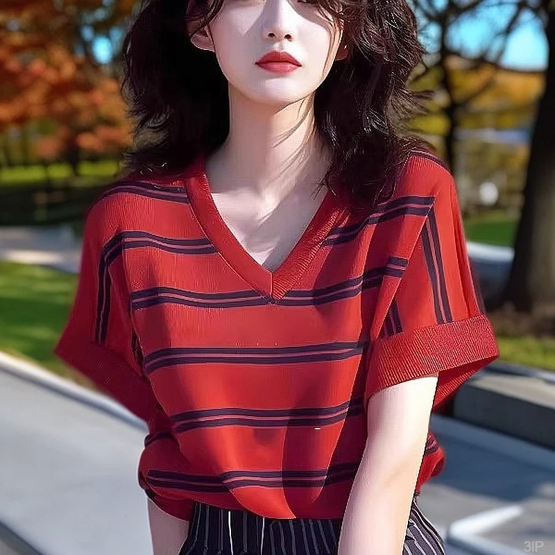 休闲时尚撞色条纹冰丝针织衫女2025夏季新款显瘦宽松韩系上衣潮