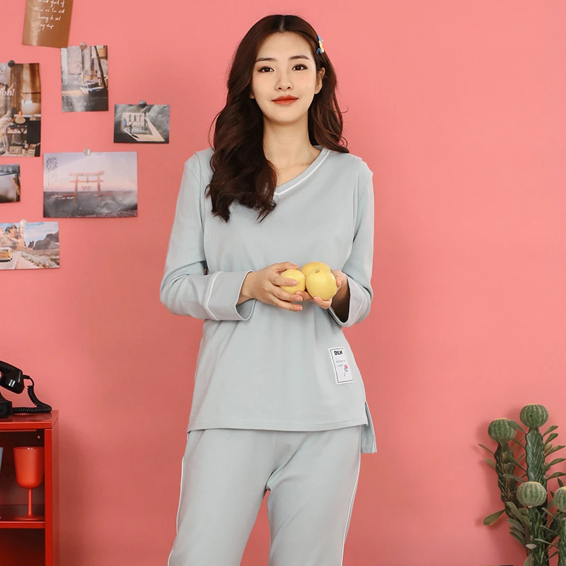 月子服纯棉套头款V领产妇喂奶哺乳衣家居服套装字母贴布