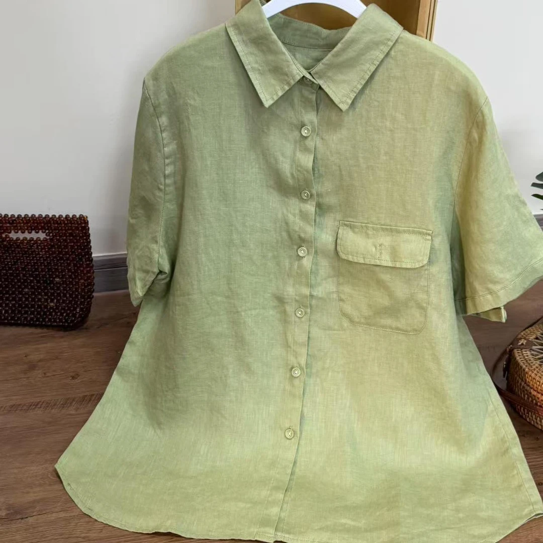 【云目悠悠】春夏季女士高端汉麻翻领纯色五分袖衬衫-2025538