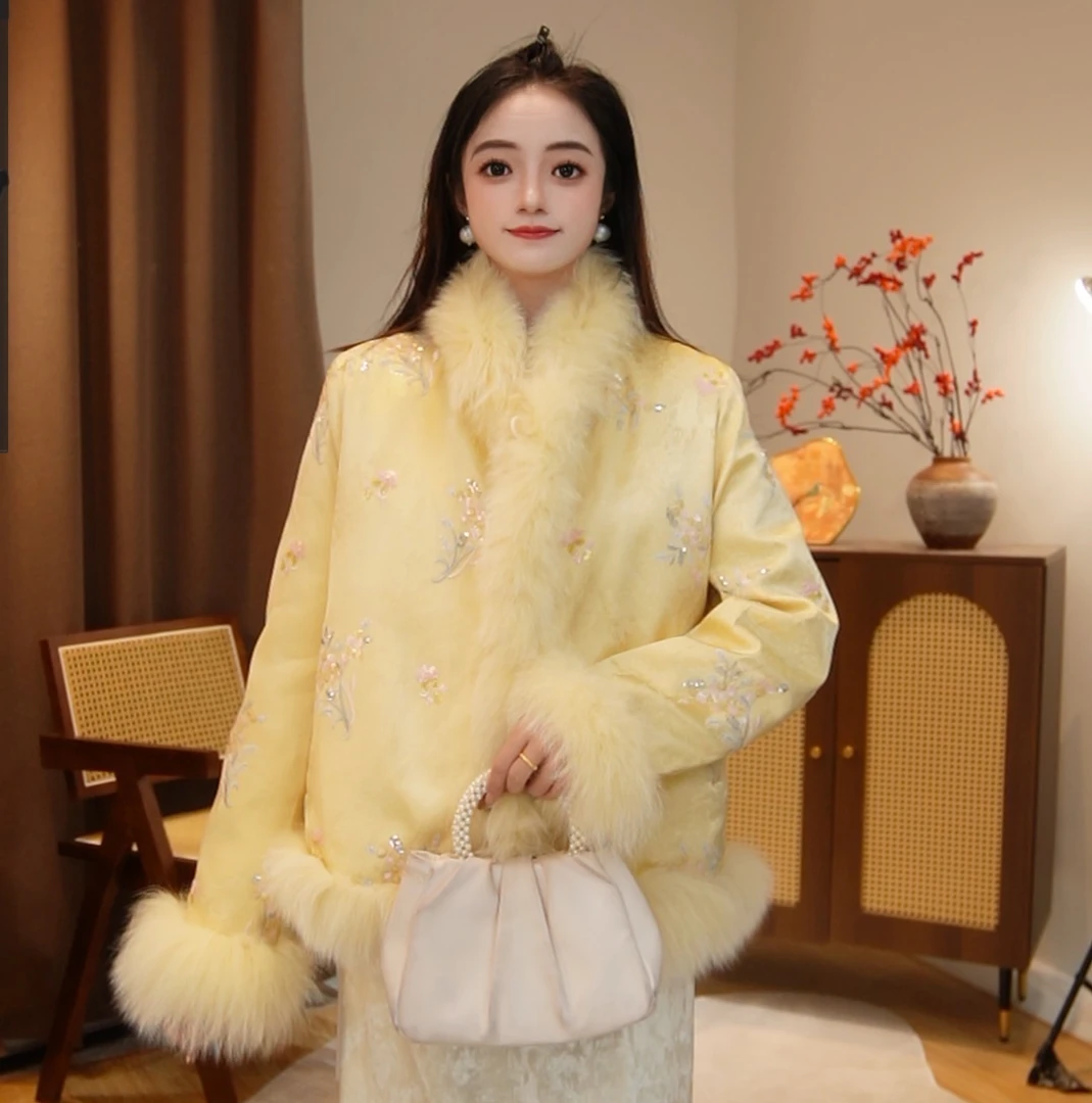 栀子雪-新中式国风钉珠刺绣真毛冬款外套2025D8528-元元广源仓