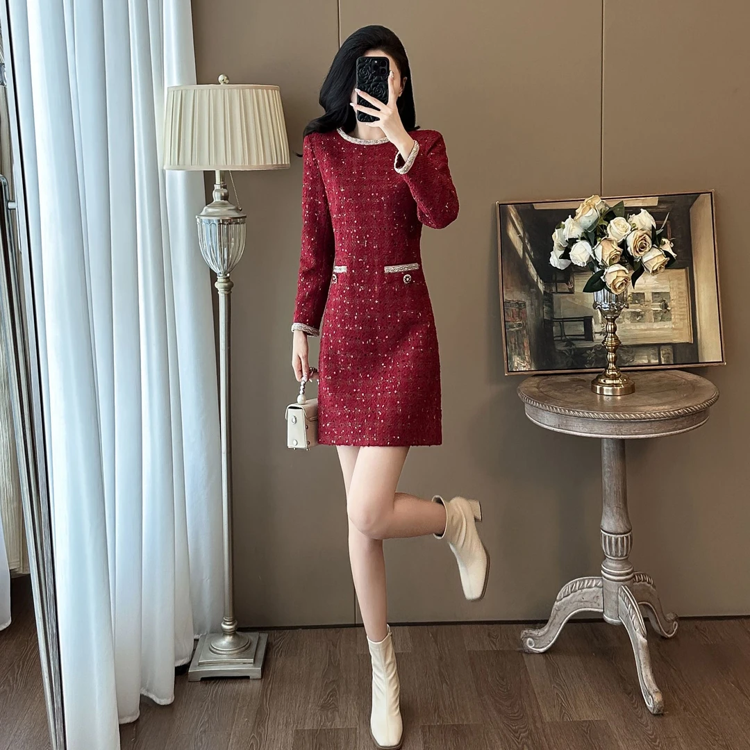 秋装长袖时尚御姐轻熟风裙子修身红色气质名媛小香风连衣裙高级感