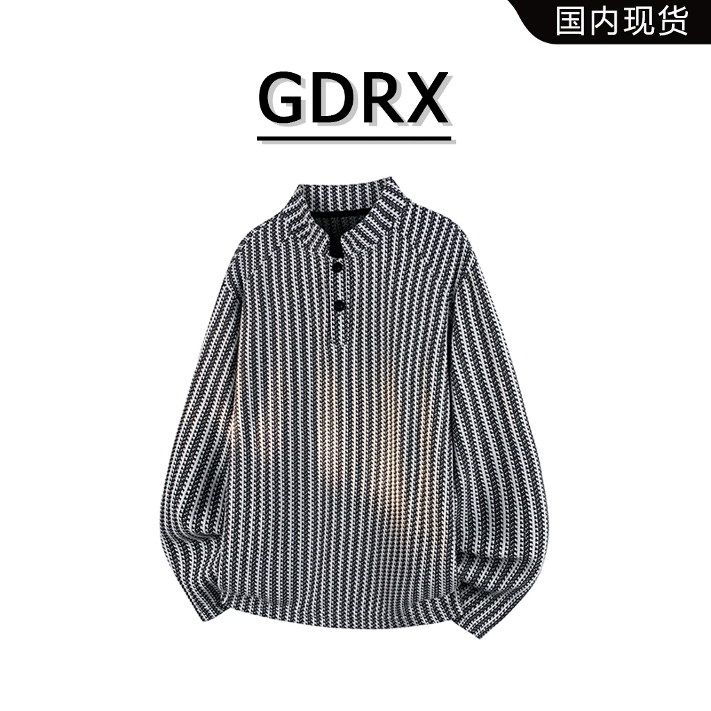 GDRX美式条纹翻领男款T恤秋冬新款潮流休闲复古男士轻奢痞帅男装