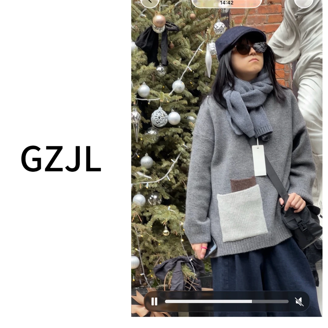 2025新款百搭宽松显瘦圆领套头撞色口袋毛衣女厚款