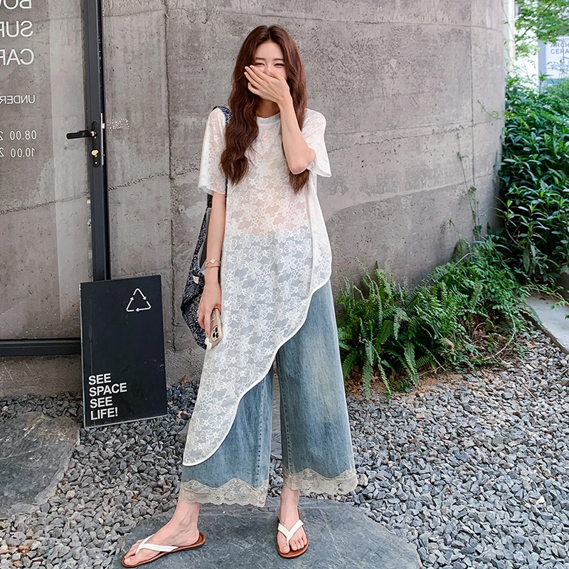 甜美清新套装女2025新款不规则衣摆T裙牛仔蕾丝拼接阔腿裤两件套