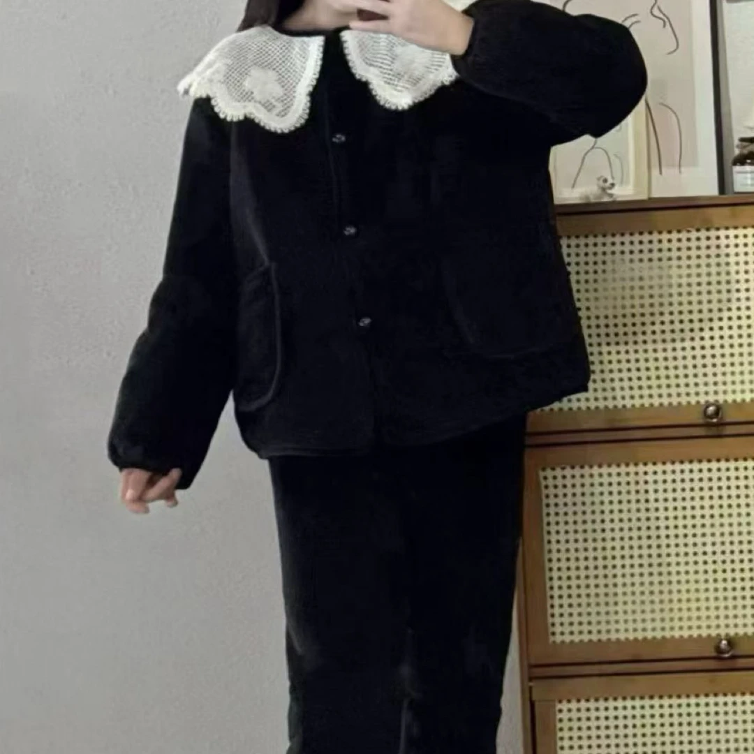 冬季三层加厚加绒珊瑚绒女士可外穿家居服睡衣套装