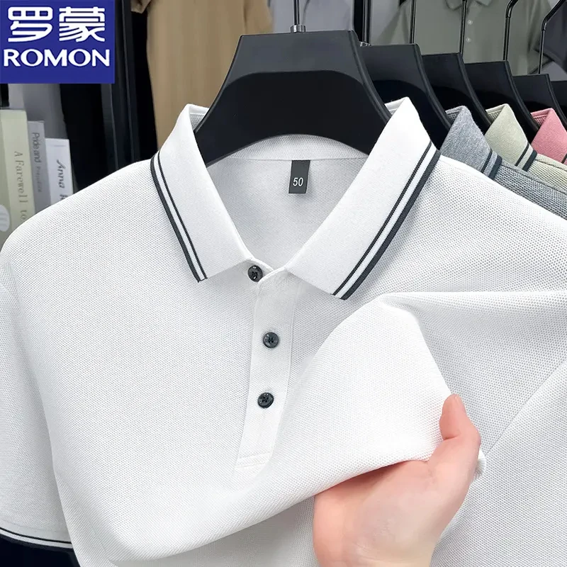 罗蒙纯棉男士短袖poloT恤2025夏季新款翻领纯色商务休闲POLO衫