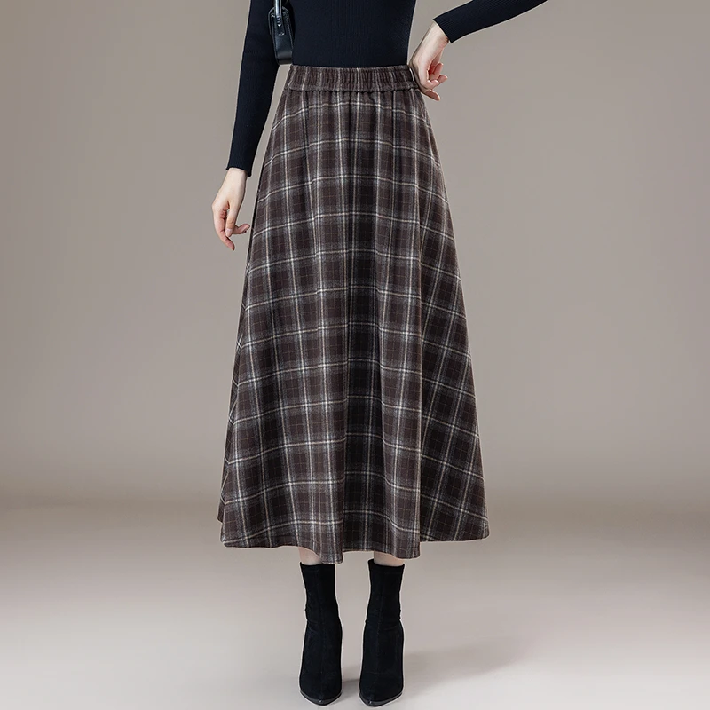 拉夏贝尔美拉德格子毛呢半身裙女2025秋冬季新款松紧腰复古大摆裙