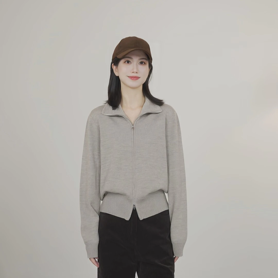 小禾【榛果】德国扬子100精纺羊毛双开拉链法式立领针织开衫毛衣