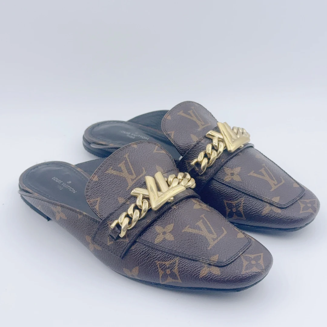 95新 LouisVuitton/路易威登 36码/棕老花满印金标半拖/00614