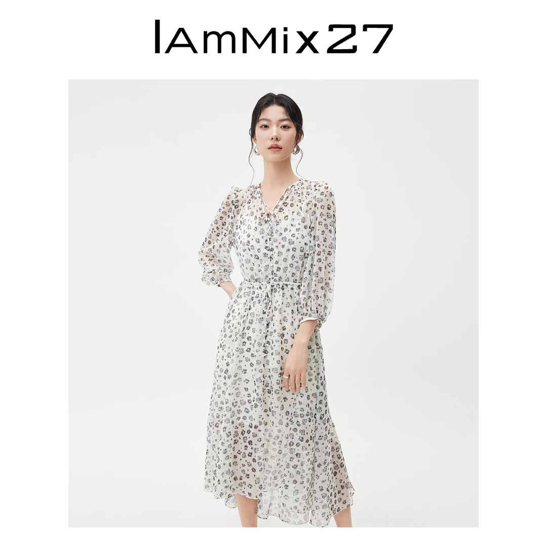 Iammix27夏季碎花v领连衣裙女雪纺吊带两件套M4C9171