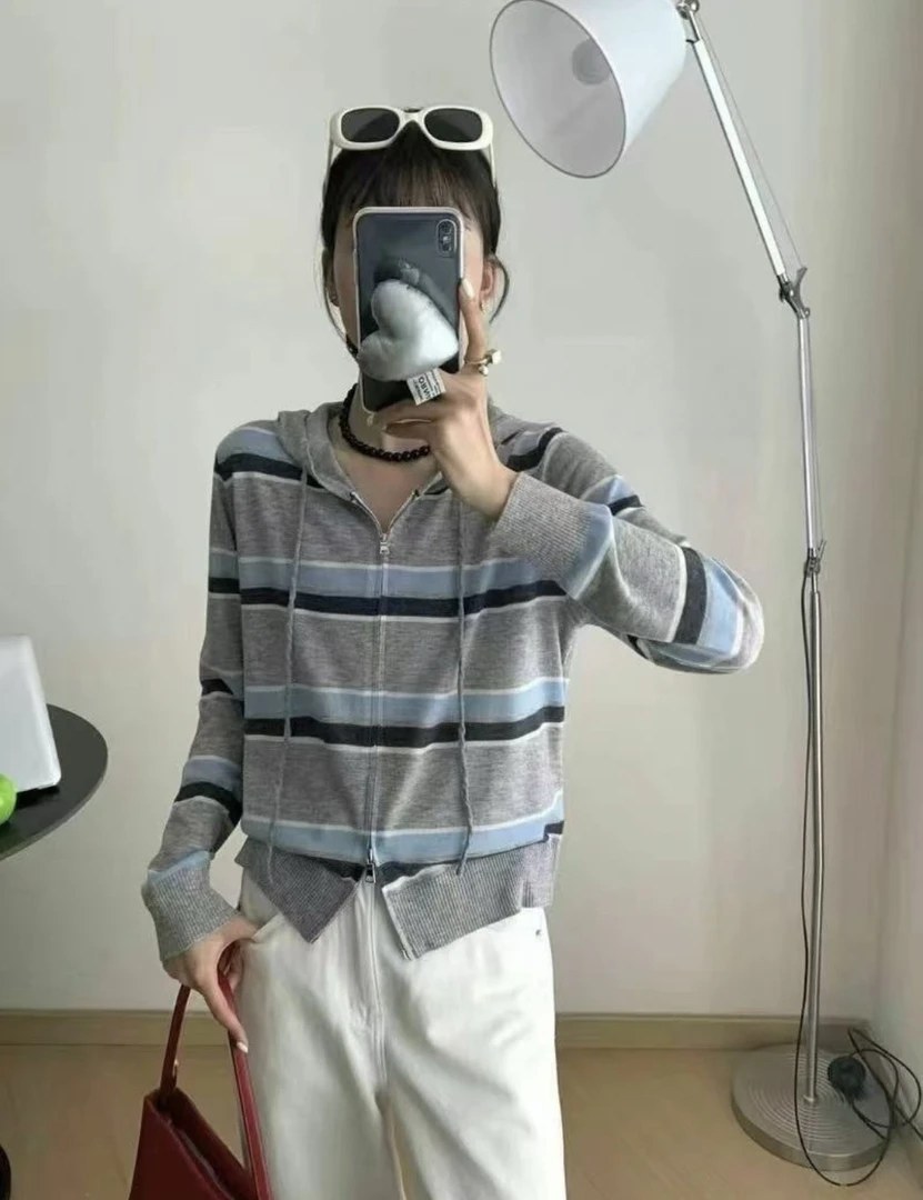 2025年春装新款时尚撞色条纹细羊毛针织开衫女圆领显瘦外套9935