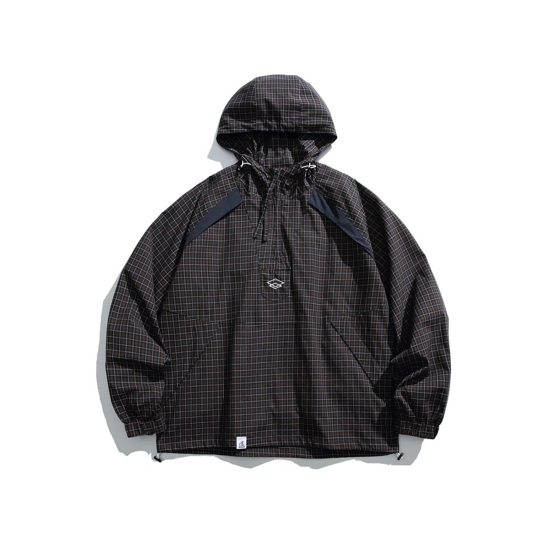 夹克格纹拼接外套男士连帽宽松常规袖春季男装复古时尚梭织