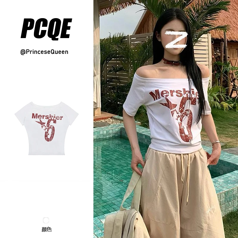 夏季美式复古字母印花斜肩设计感短袖T恤女辣妹宽松休闲打底上衣