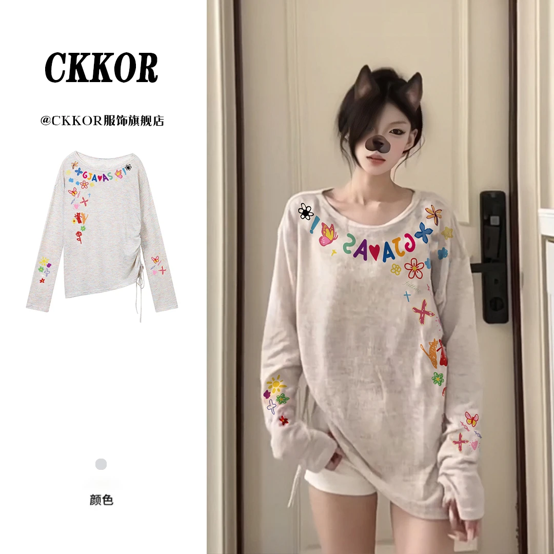 CKKOR夏季新款潮牌印花斜肩长袖t恤女美式复古时尚防晒罩衫上衣服