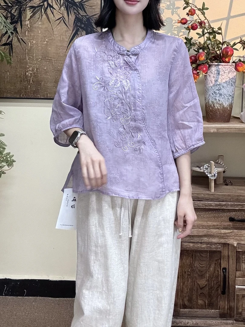 麻韵原创【素锦】设计师款重工刺绣盘扣印花苎麻衬衫宽松