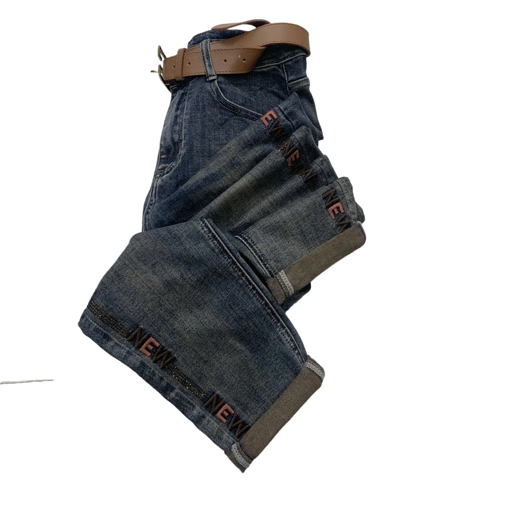 S5513新款侧边显瘦重工刺绣烫钻复古怀旧牛仔老爹裤（不带腰带）