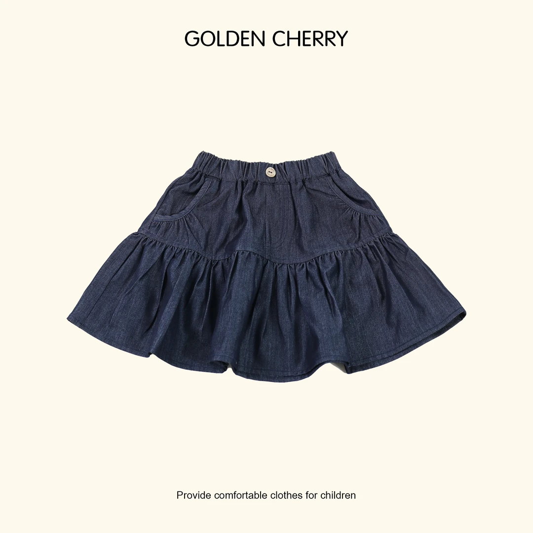【Golden cherry】儿童丹宁色一粒扣百褶时尚百搭半身裙35806