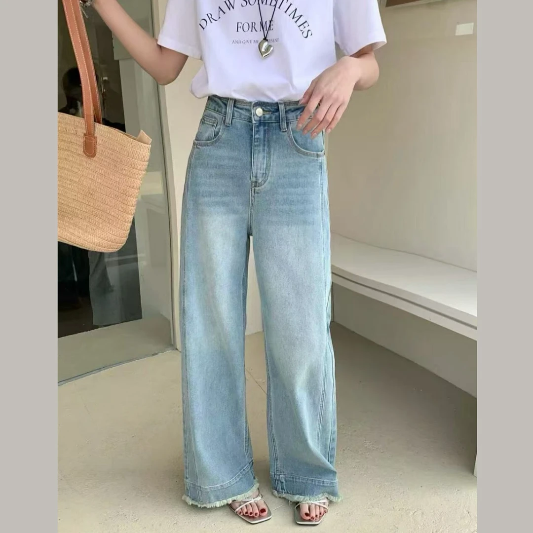 休闲时尚百搭设计感拼接毛边牛仔裤女高腰宽松显瘦直筒裤阔腿