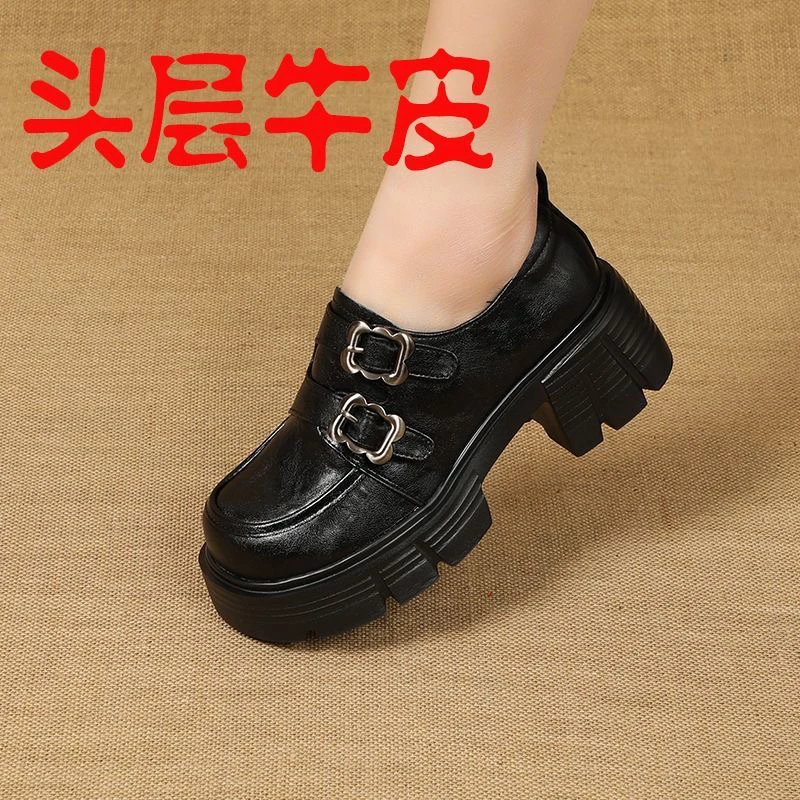 乐福鞋女2025春季新款厚底粗跟英伦黑色小皮鞋真皮时尚中高跟女鞋