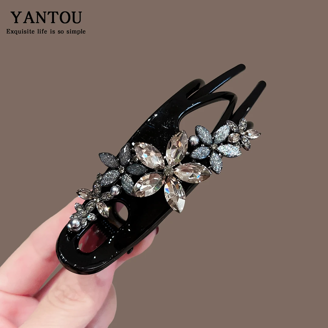 网红新三齿夹花朵发夹头饰发卡女后脑勺盘发器水钻鱼嘴鸭嘴夹发饰