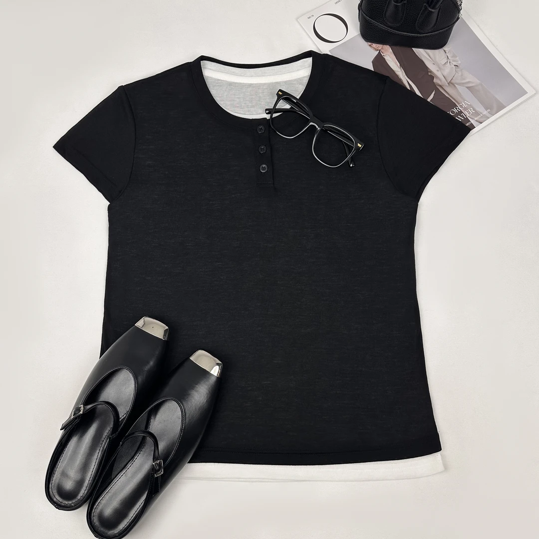 韩系简约拼接假两件圆领T恤-ZMABT2632