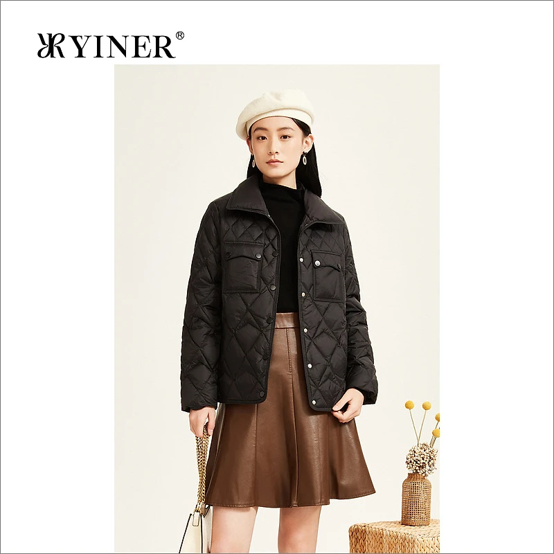 YINER音儿专选女装冬季短款POLO领菱格纹轻盈保暖白鹅绒羽绒服