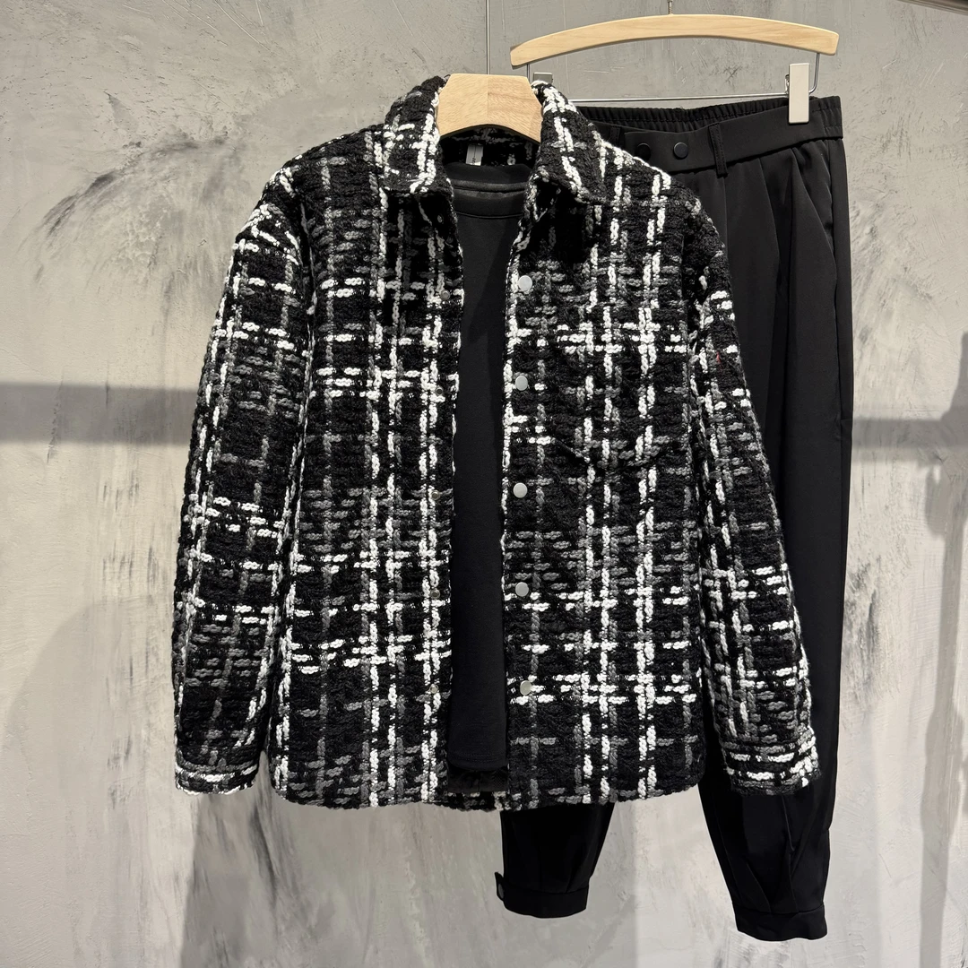 【港澳-专属】小香风翻领男冬季新款加厚格子编织棉线保暖休闲上衣