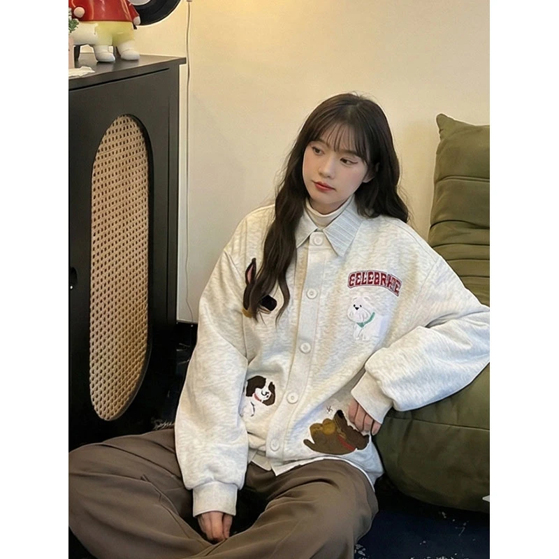 美式oversize卡通小狗刺绣开衫卫衣女宽松休闲慵懒风加绒外套上衣