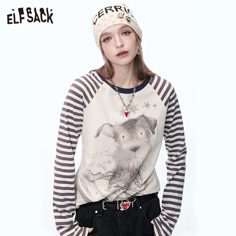 妖精的口袋条纹印花插肩长袖t恤2025春新设计感休闲上衣25105053