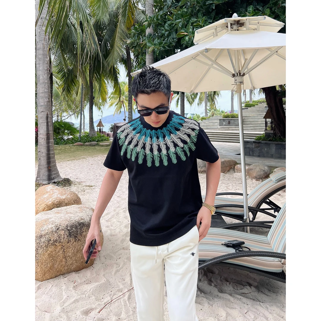 【孔雀羽毛】25春夏万针刺绣液氨棉贴身舒适圆领t恤男士情侣短袖