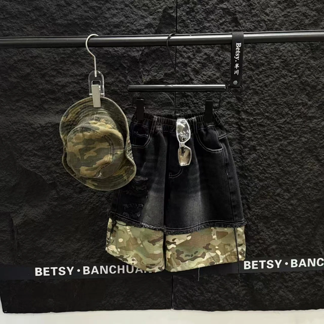 半川时尚儿童短袖夏季新款男童潮流短袖印花中小童百搭洋气裤牛仔