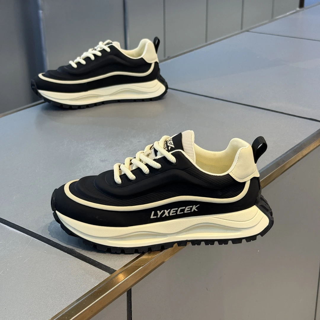 男鞋2025秋季新款时尚百搭厚底低帮老爹鞋皮面透气系带爆款休闲鞋