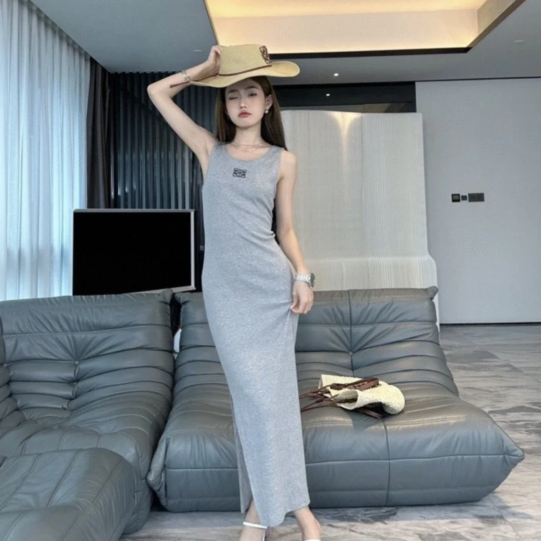 99新 LOEWE/罗意威 bb239/灰色长款修身针织连衣裙 棉 S码