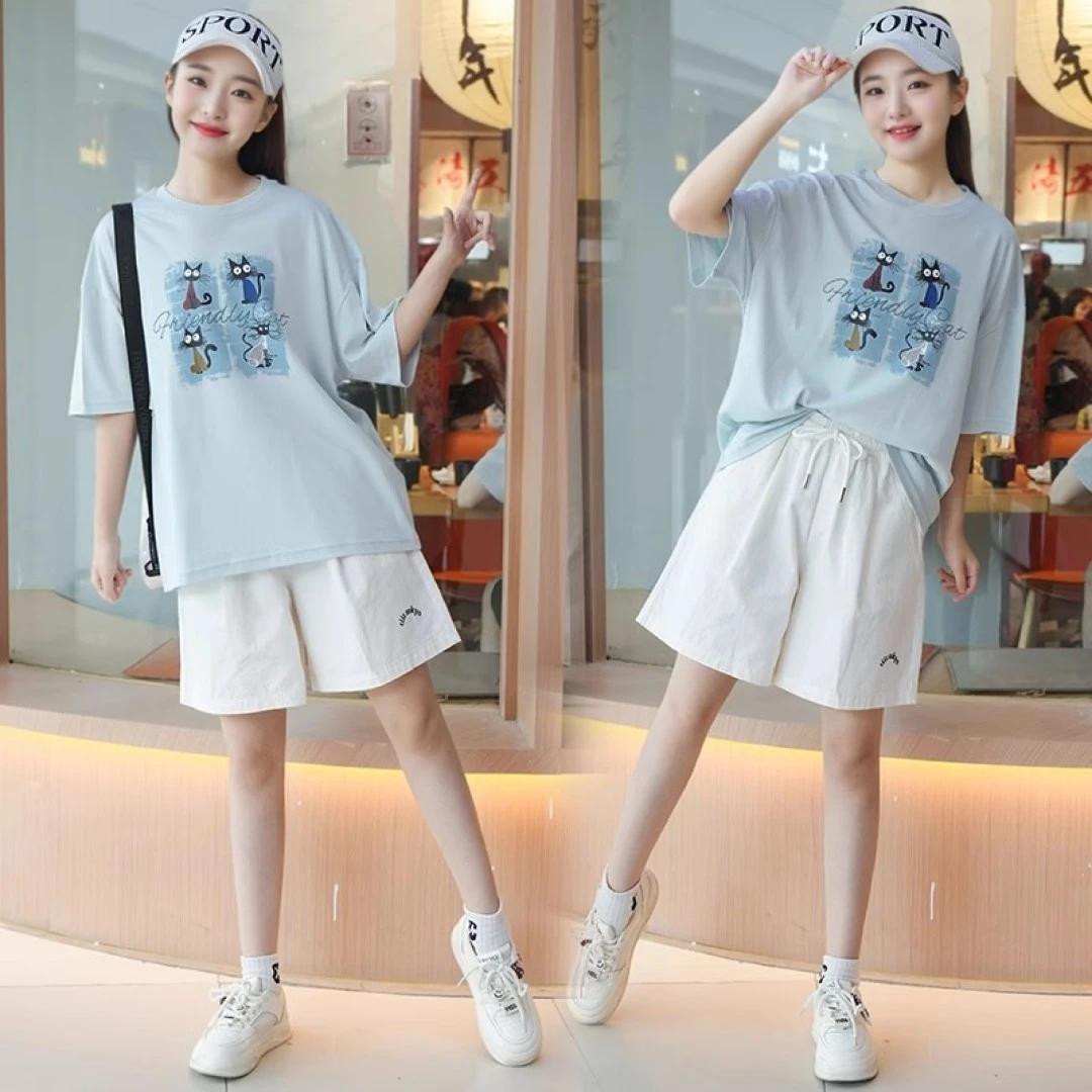 女童夏装短袖短裤套装新款大童夏季宽松洋气12-15岁初中女孩潮装