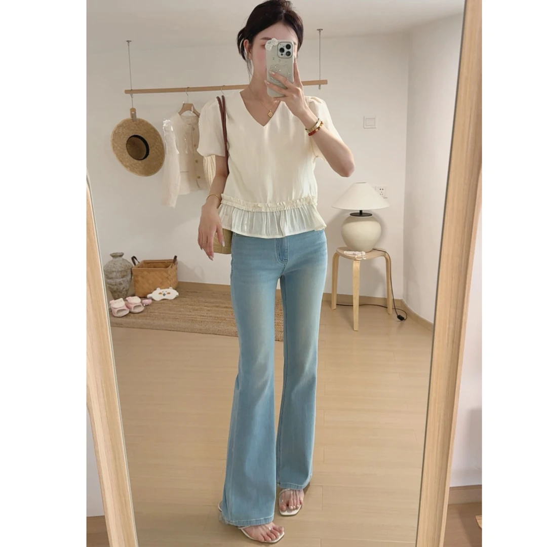 [冰凉雪醋酸} chao薄~!夏季四面弹直筒微喇裤牛仔裤