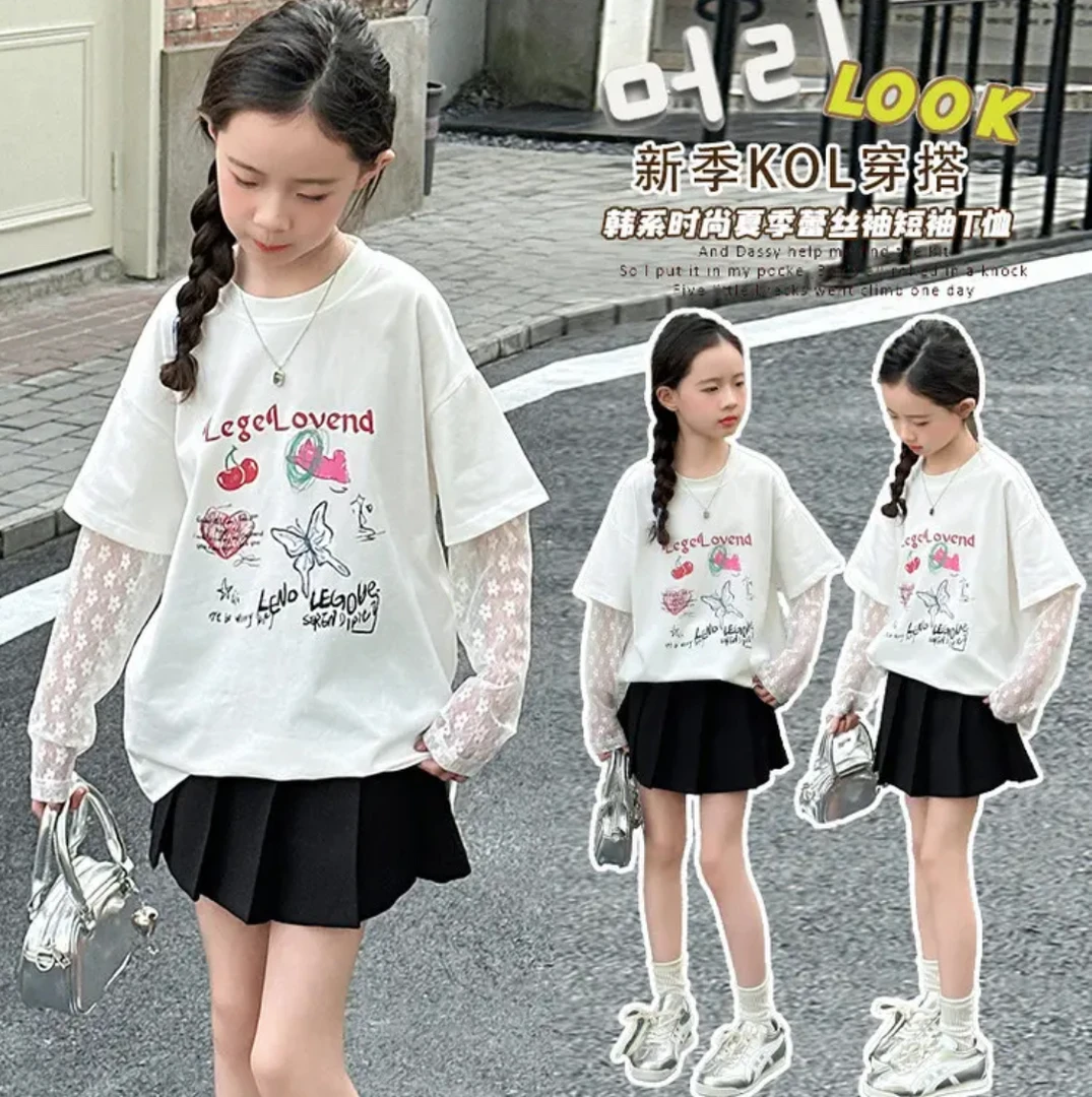 女童夏季新款短袖T恤新款防晒蕾丝t恤袖中大童女孩潮款童装