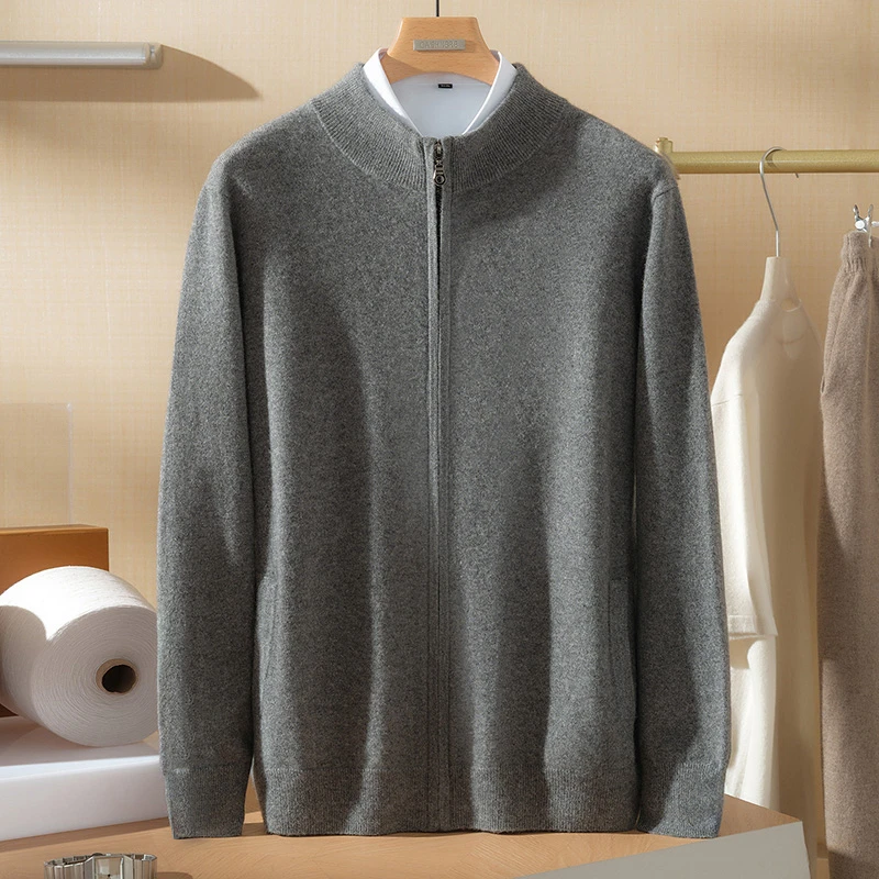 高端轻奢~100%纯山羊绒衫男翻领衬衣打底衫秋冬加密针织毛衣开衫