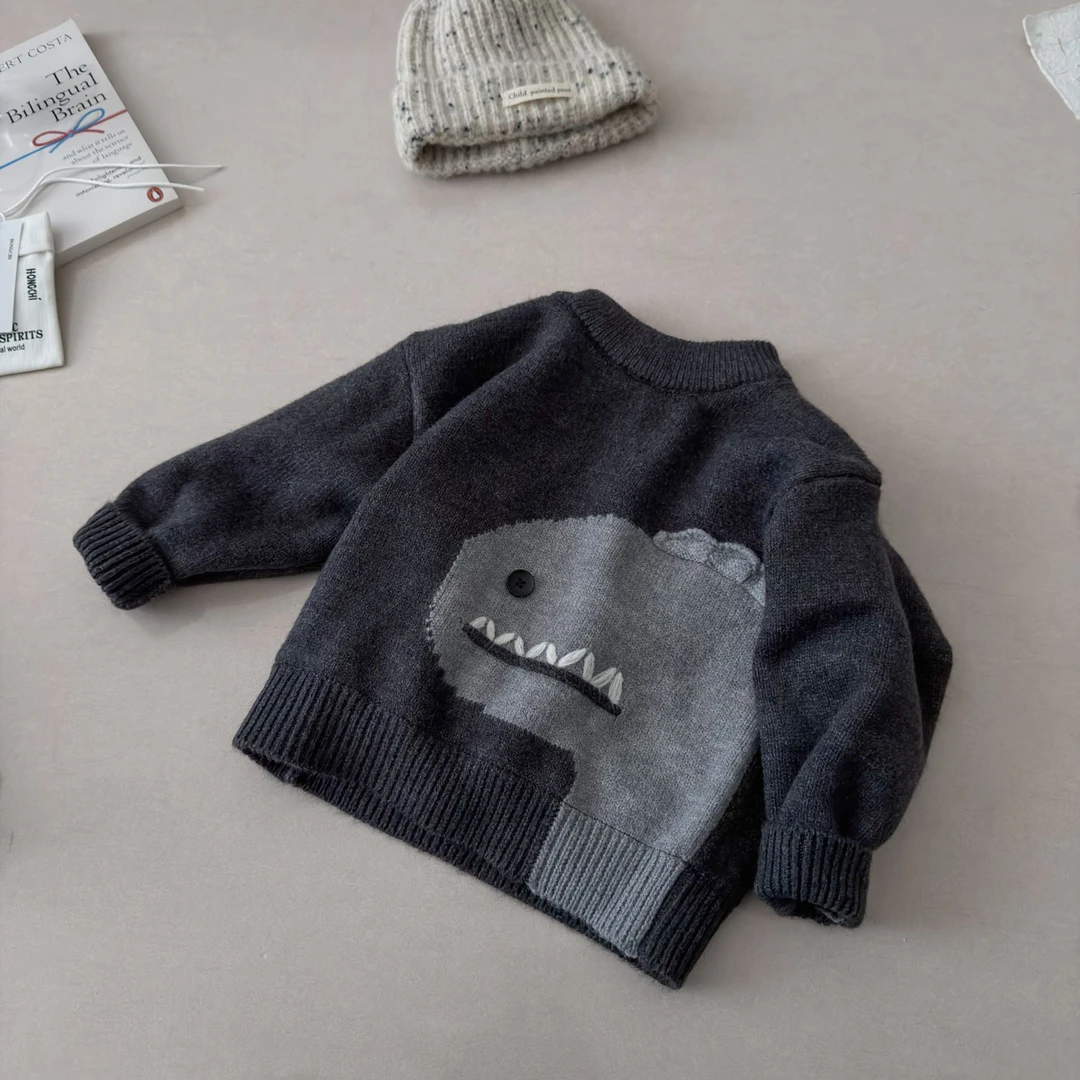 [耀火】冬款加绒卡通小恐龙套头针织毛衣