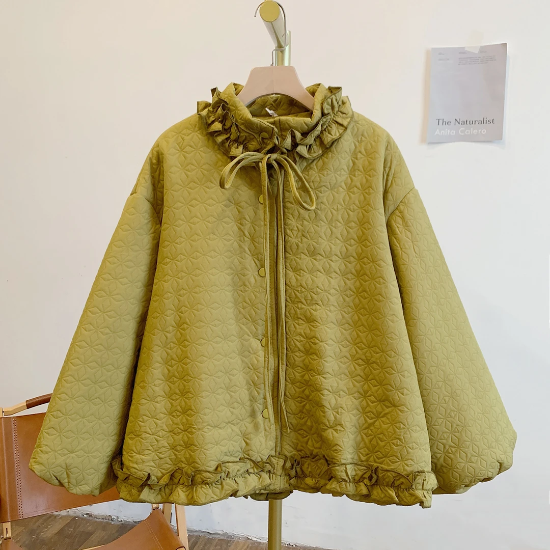 芥末Y2318夹棉菱形纹系带木耳边立领棉衣