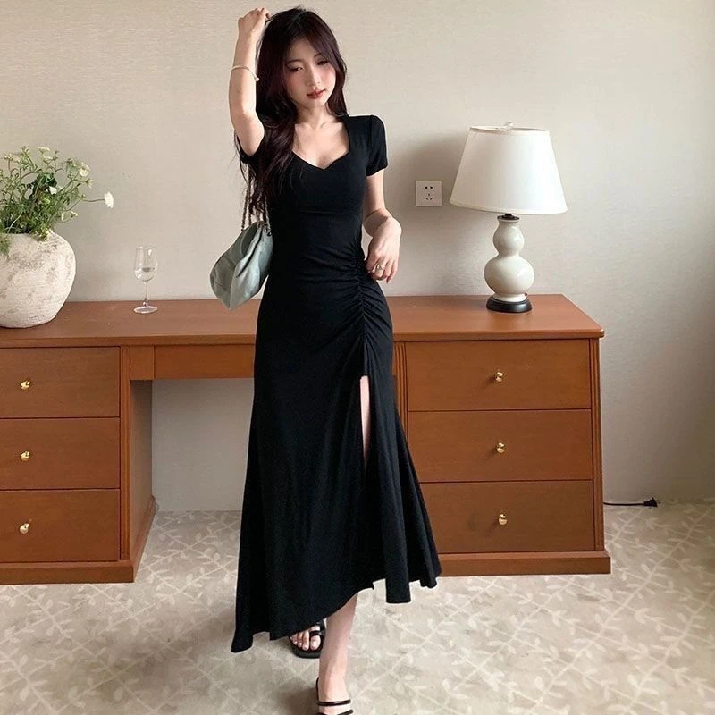 夏季性感V领短袖开叉褶皱修身显瘦气质连衣裙小黑裙长裙黑色裙子