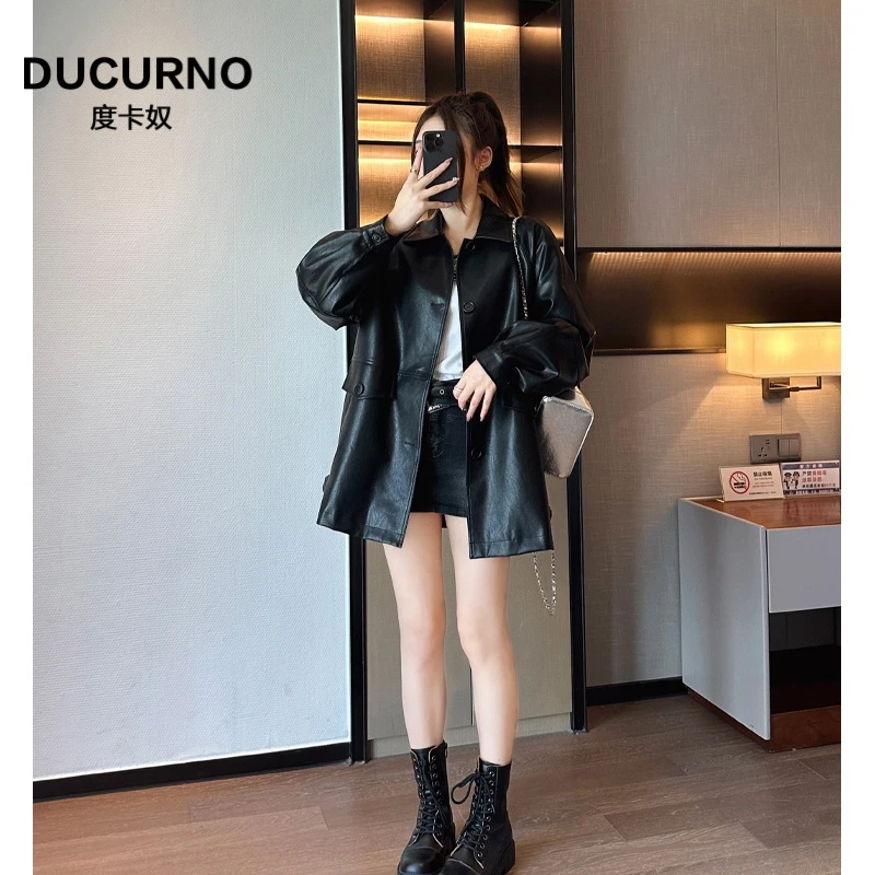复古慵懒飒酷风百搭皮衣外套女2025春秋新款宽松机车服中长版风衣