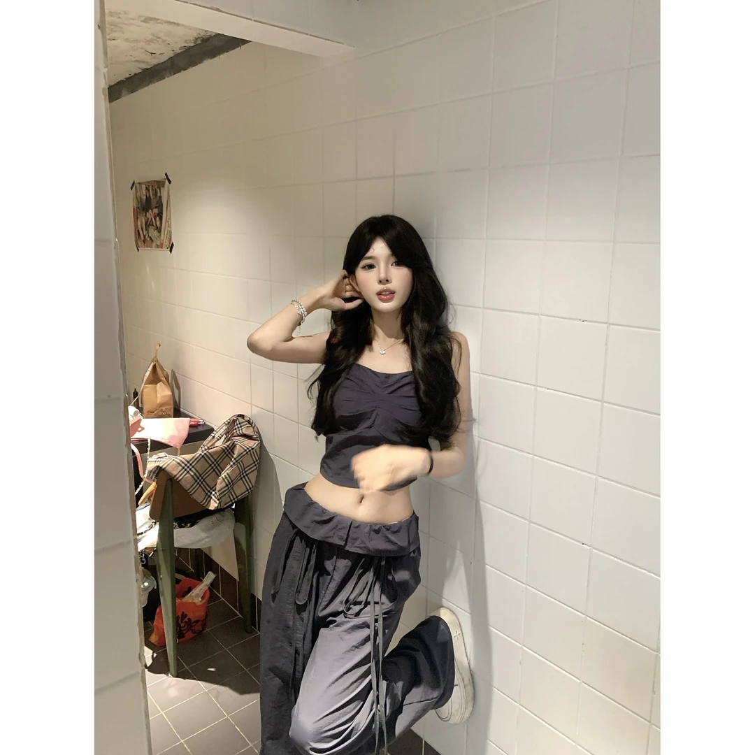 辣妹显瘦气质吊带背心女夏别致翻边美式工装阔腿长裤时尚两件套女