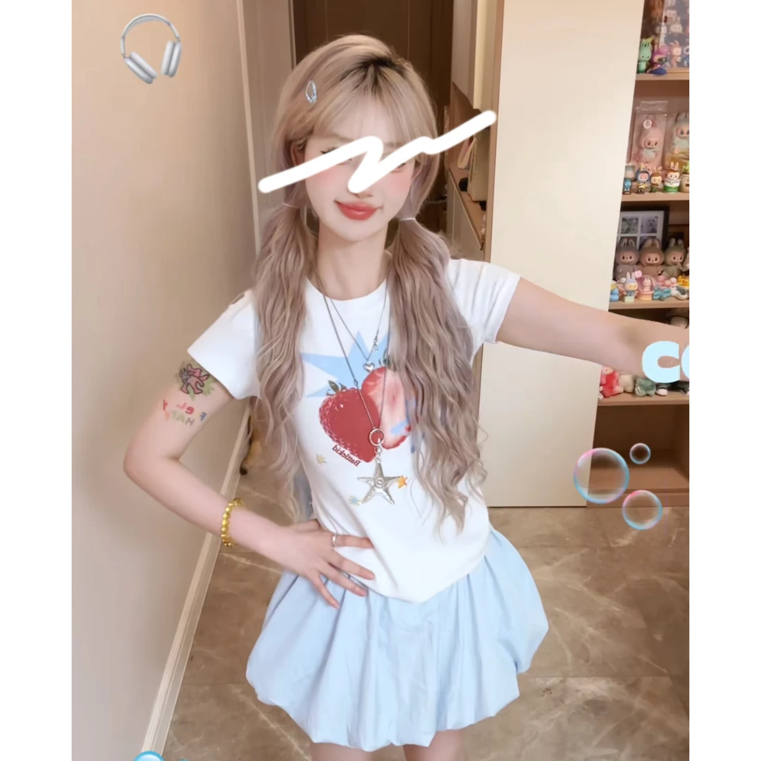 【现货秒发两件套】2025夏季辣妹风可爱卡通印花短袖修身显瘦ins潮