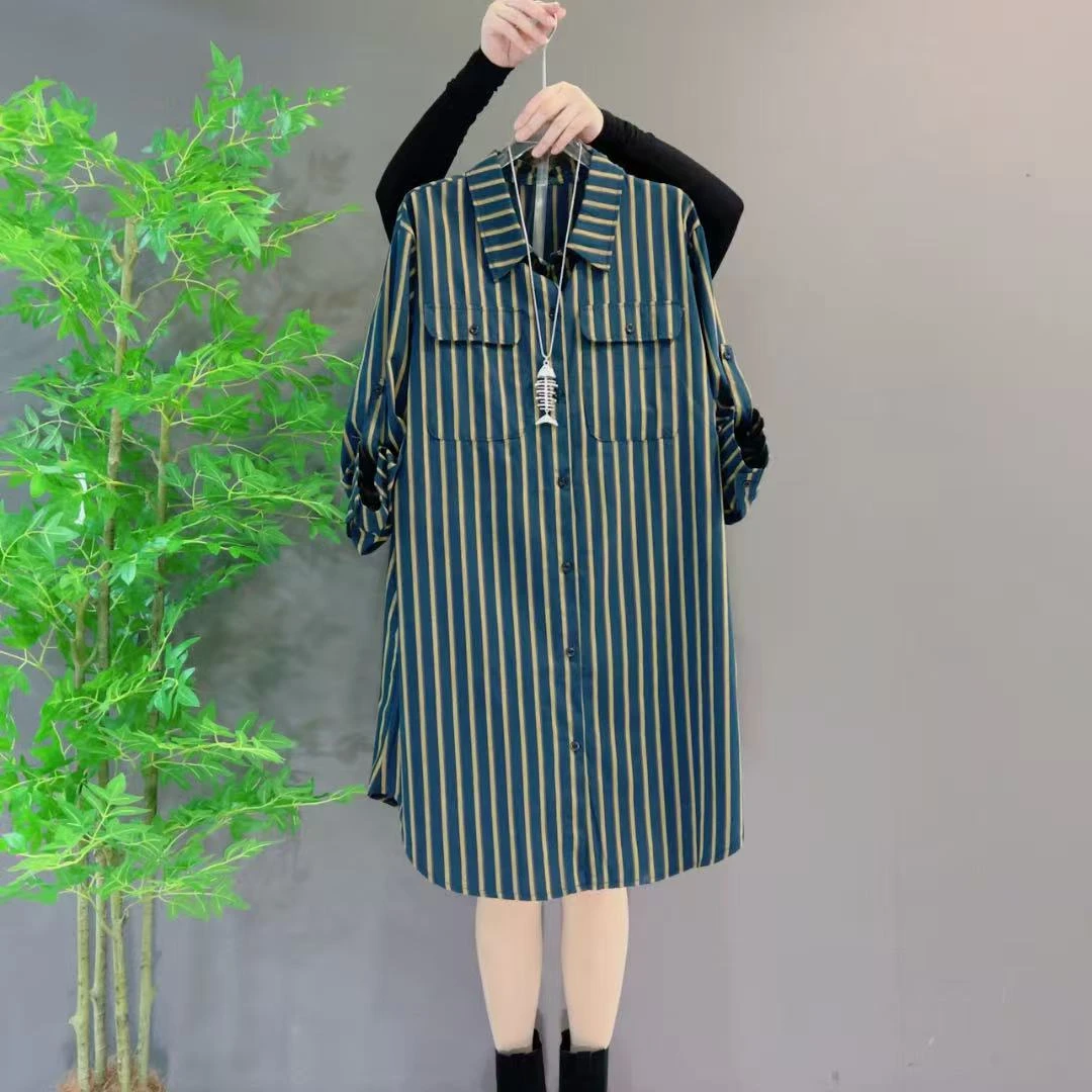 510春季大码长袖裙子中长款条纹衬衫裙复古宽松百搭显瘦洋气