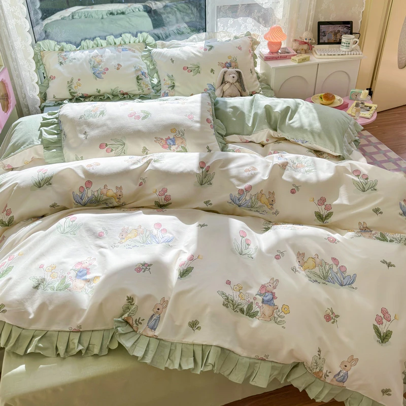 小清新纯棉四件套全棉公主风少女心小碎花边款三件套南通家纺床上