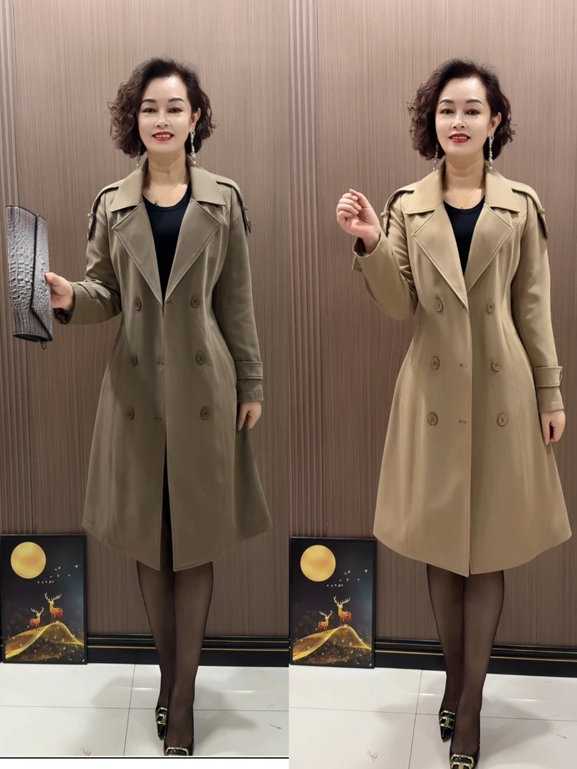 2501款时尚春秋气质百搭宽松双排扣收腰中长款风衣