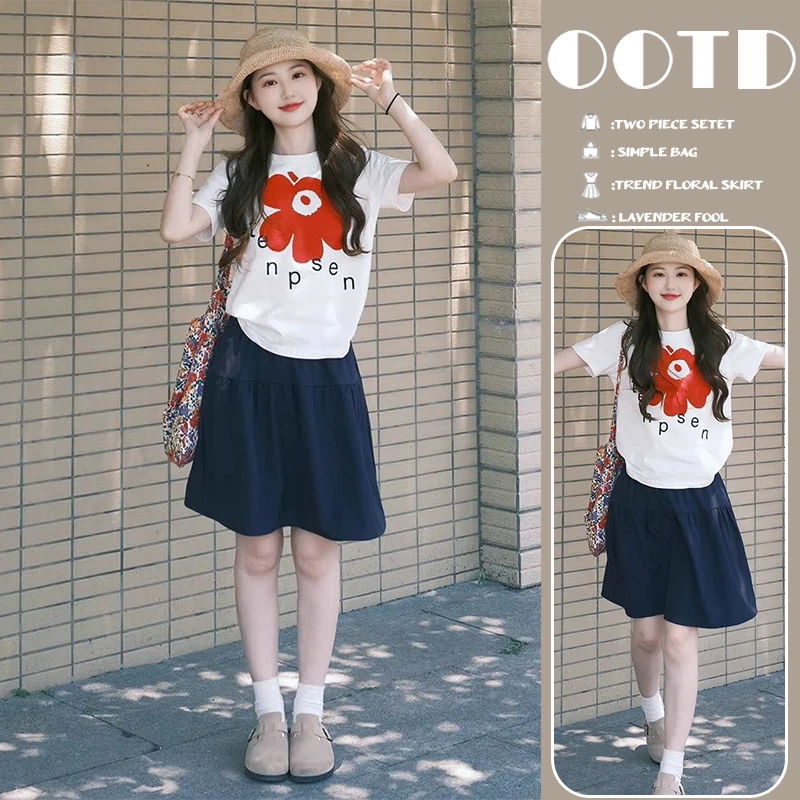 设计感孕妇套装夏季红花可爱白色日常休闲宽松通勤孕妇半身裙套装