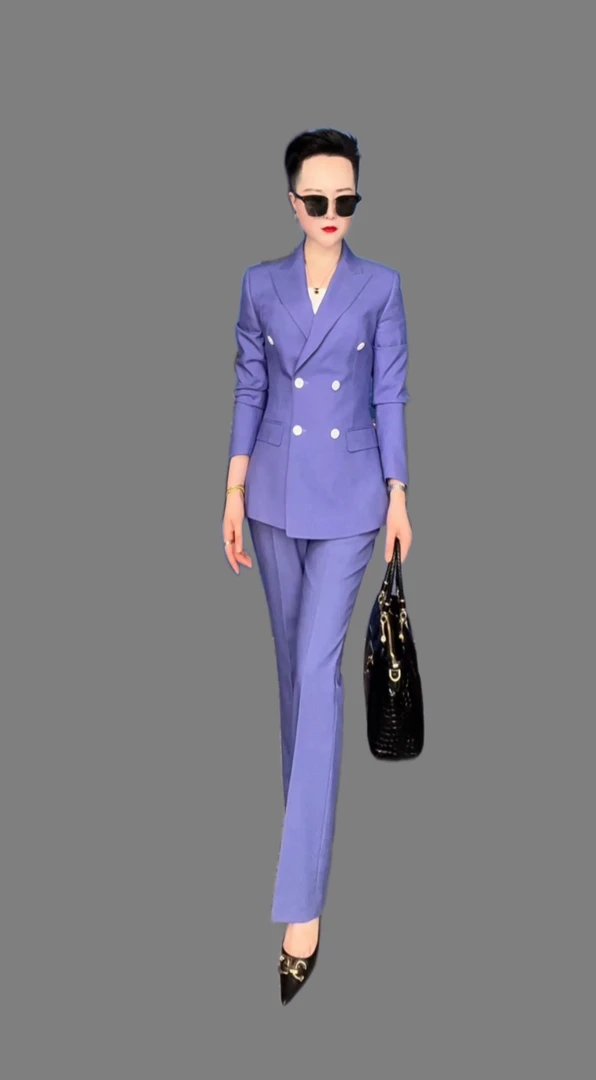 【白衣哥】夏天丁香紫长袖双排扣喇叭裤套装