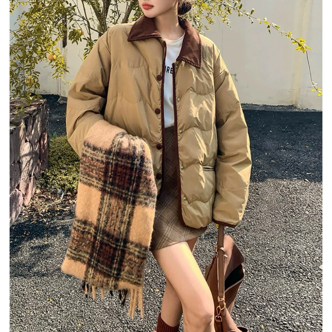 353 韩系复古摩卡宽松百搭拼接设计保暖棉服